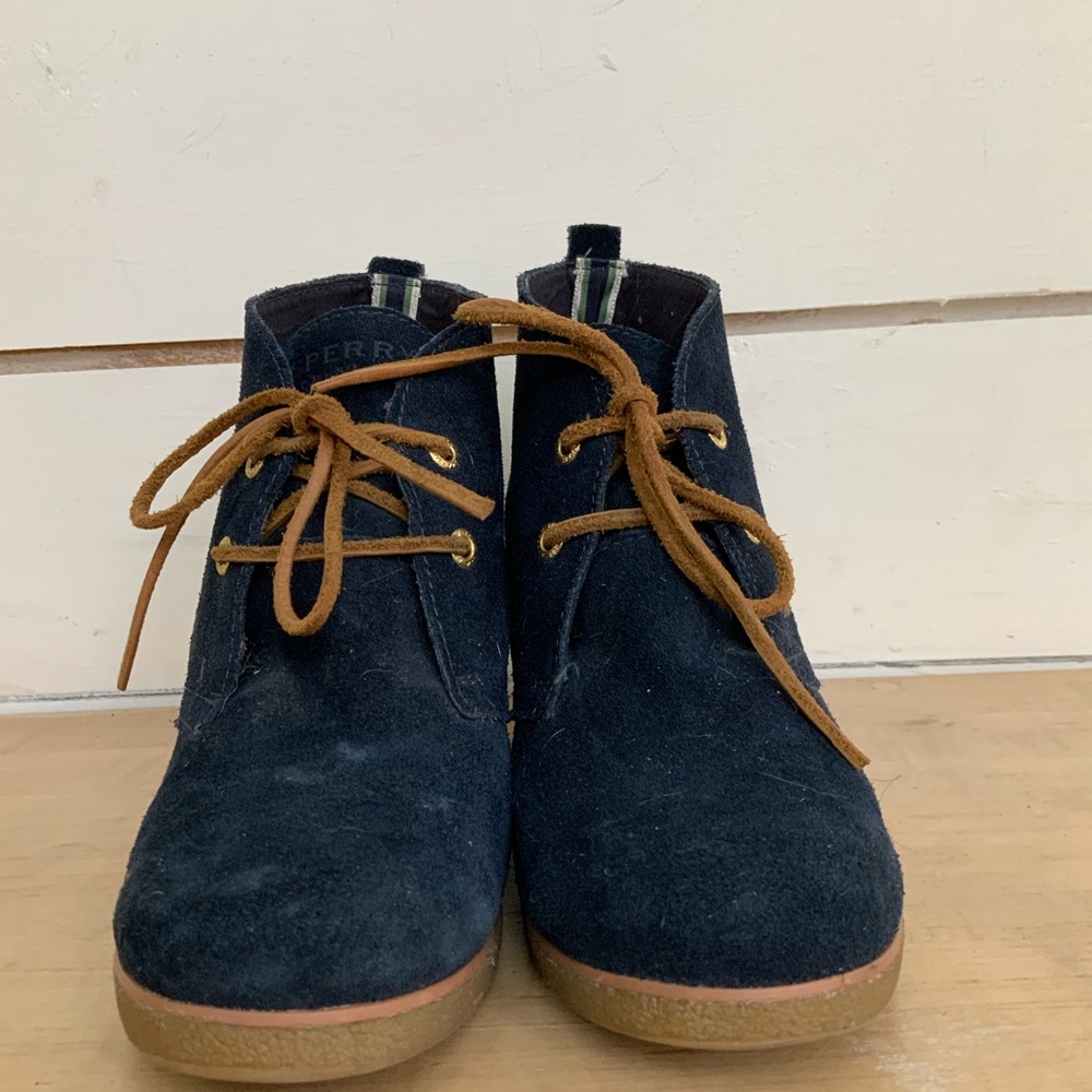 blue suede wedge bootie by Sperry